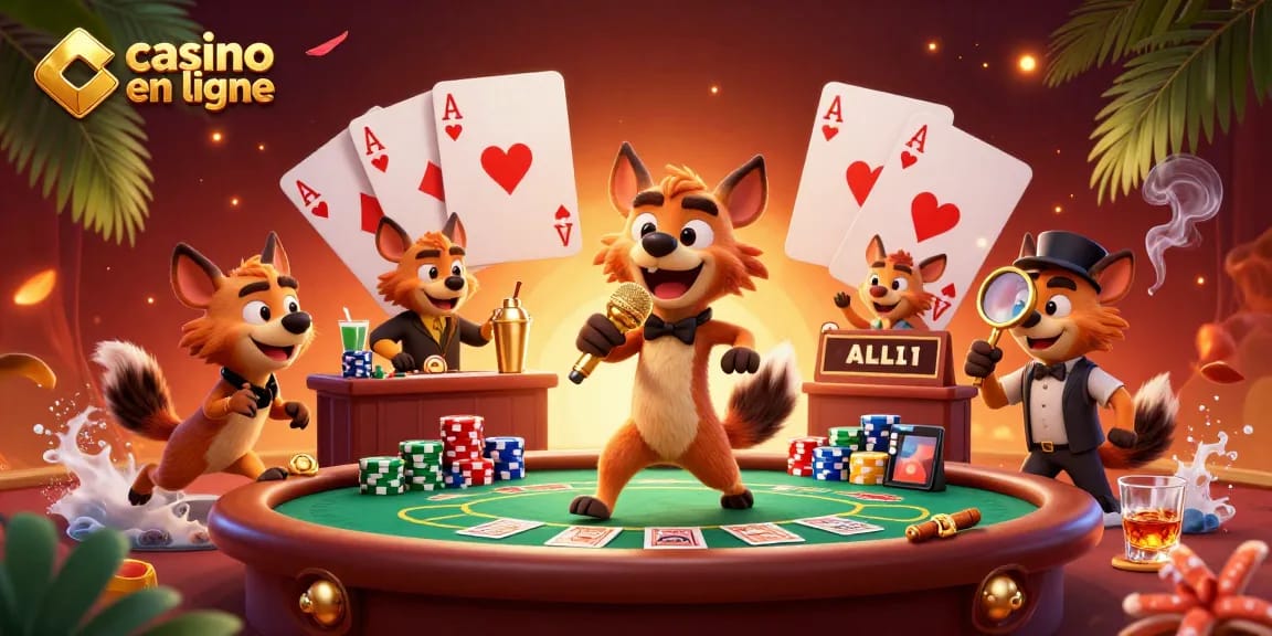 Le pack de hyènes dans un casino en ligne, animant l'espace avec des jeux de cartes et des décorations tropicales.