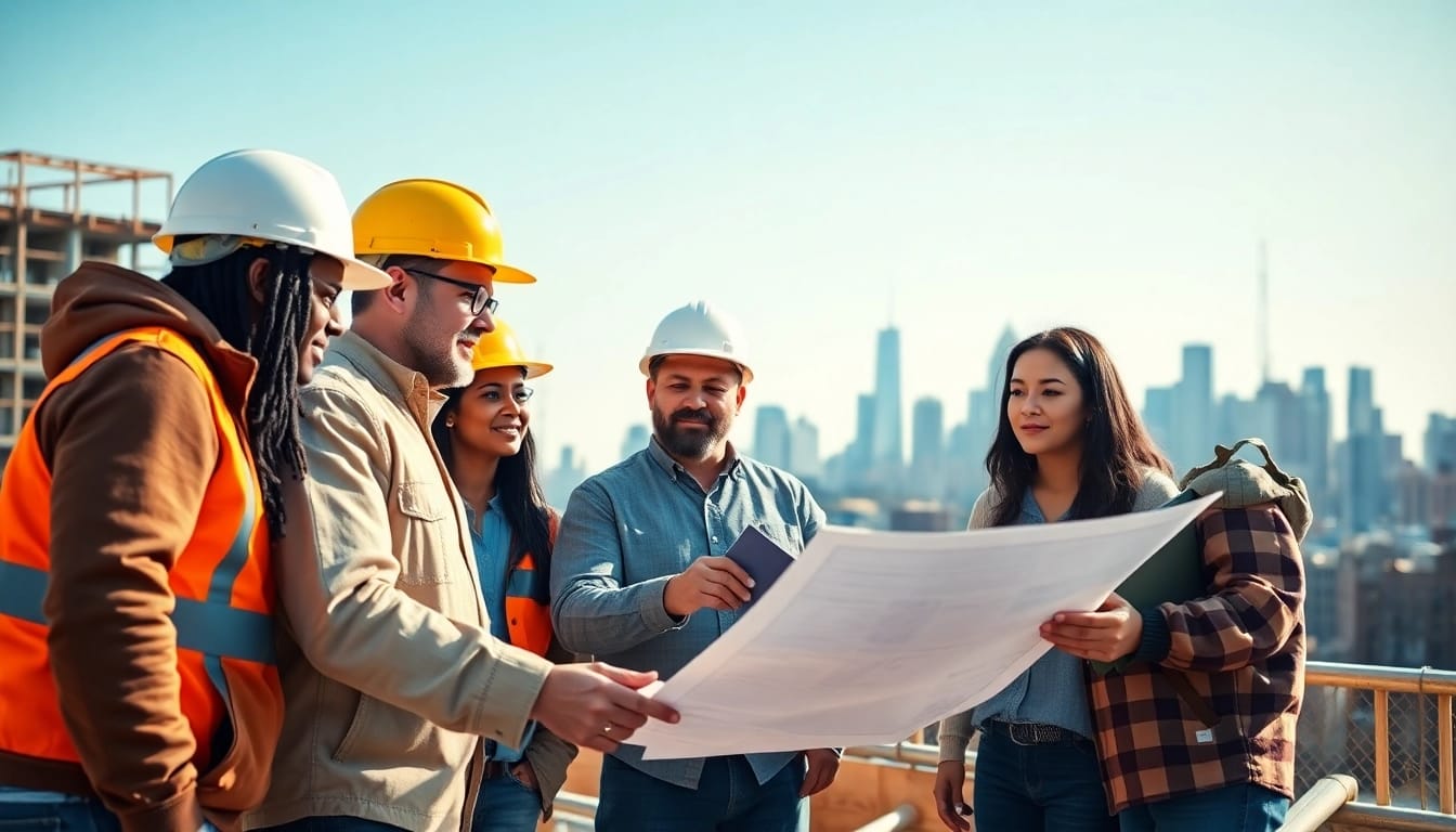 Collaborating New York General Contractor at a bustling construction site with architectural blueprints.
