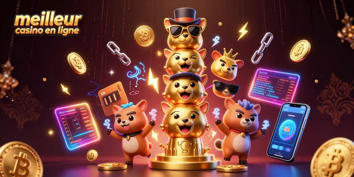 Découvrez le meilleur casino en ligne avec cette illustration dynamique de machines à sous et crypto-monnaies.