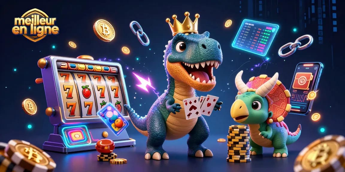 Illustration mettant en avant le meilleur casino en ligne avec un T-Rex jouant aux cartes et un baby triceratops empilant des jetons.