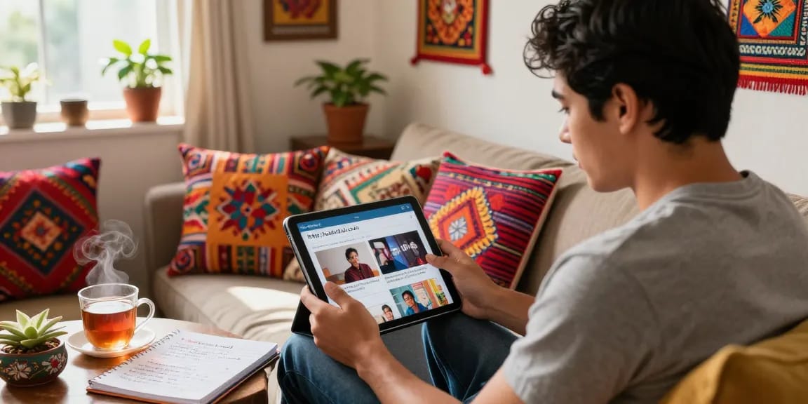 Engaging with https://hanadultalk.com in a cozy cultural setting, vibrant decor reflects Asian and Hispanic heritage.
