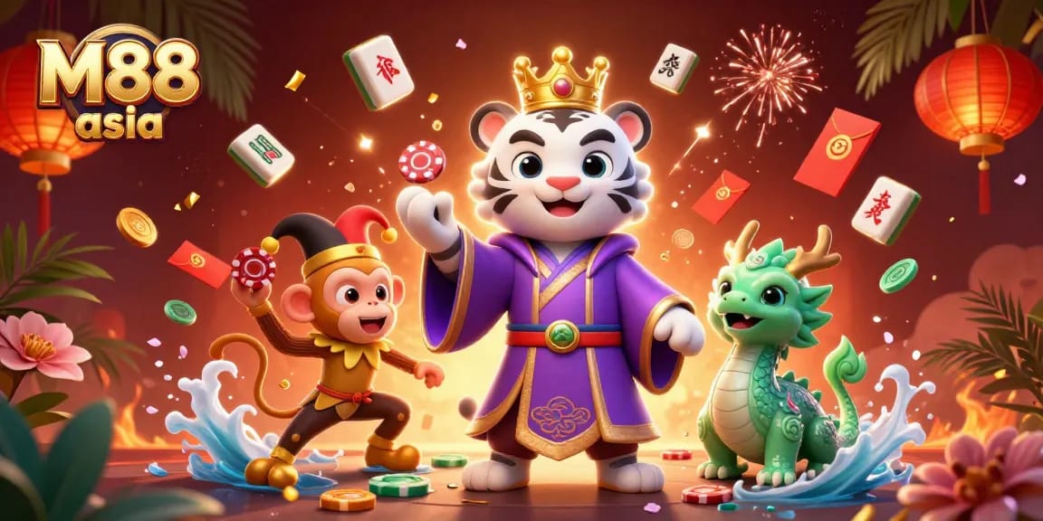 Experience exciting gaming at M88 asia with a vibrant illustration of a white tiger, monkey and jade dragon.