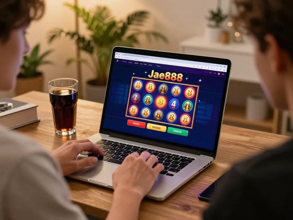 Player engaging with jae888 slots on a sleek laptop at home, showcasing online gambling excitement