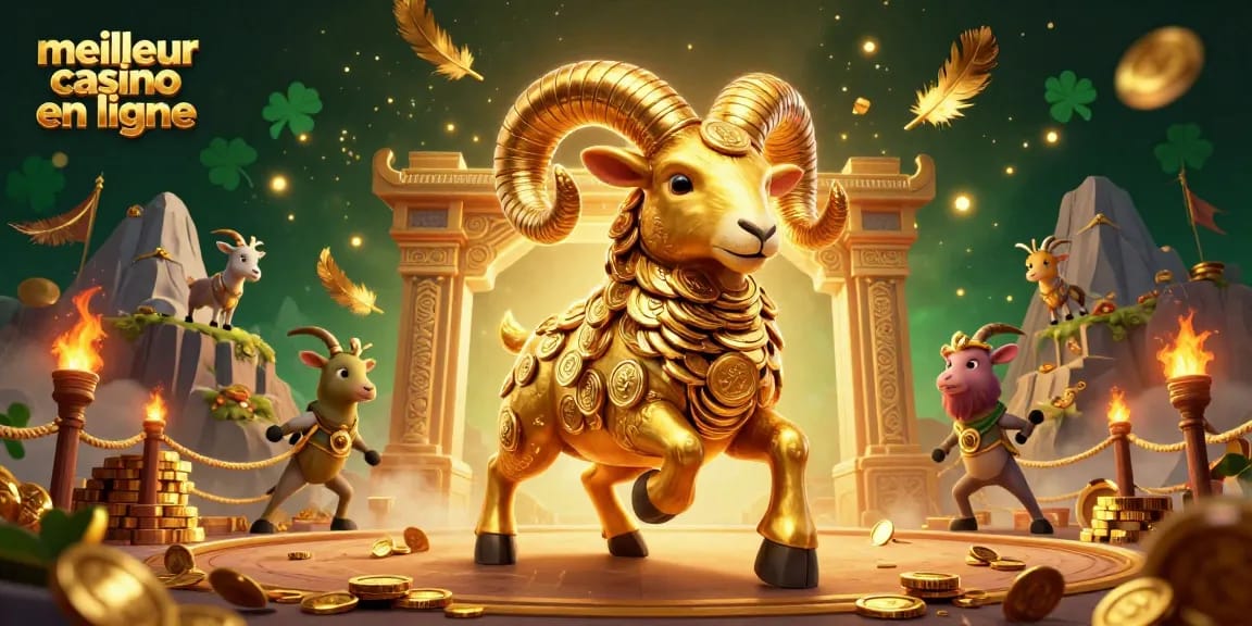 Visitez le meilleur casino en ligne avec un bélier doré et des éléments de jeux d'argent captivants.