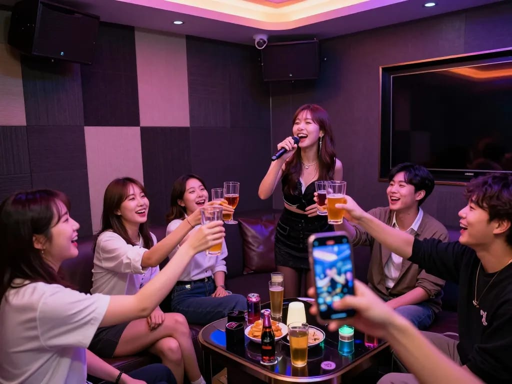 Enjoying a fun karaoke night at 인천쓰리노 with friends in a vibrant private room.