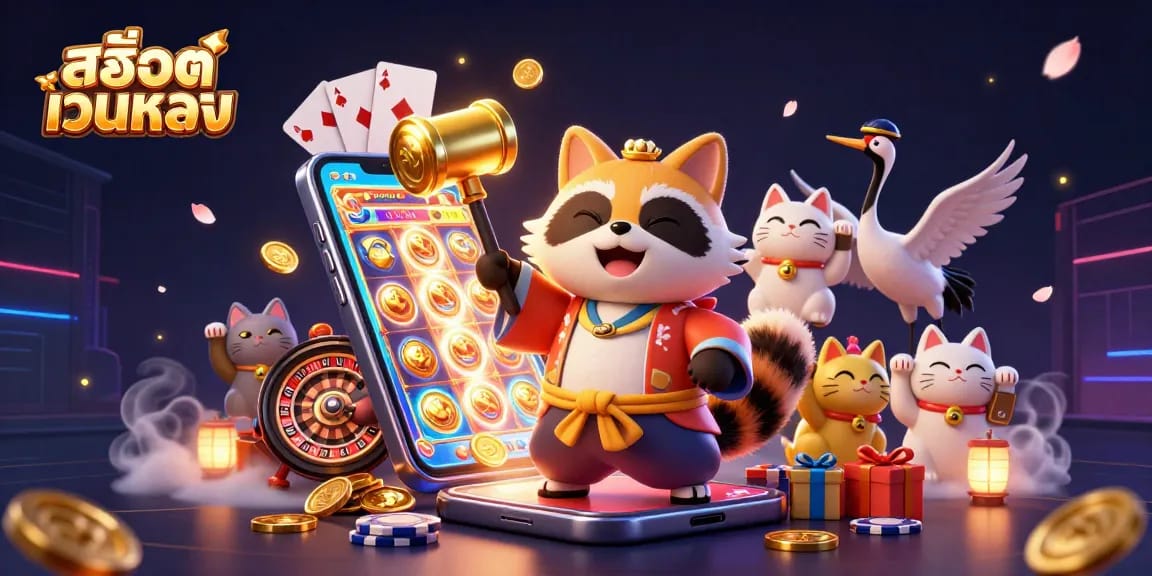 Engage with สล็อตเว็บตรง through a thrilling 3D scene featuring a cheerful tanuki and lucky symbols.