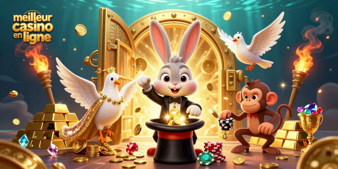 Jouer au meilleur casino en ligne avec une scène magique, incluant un lapin magicien et des jetons de poker.