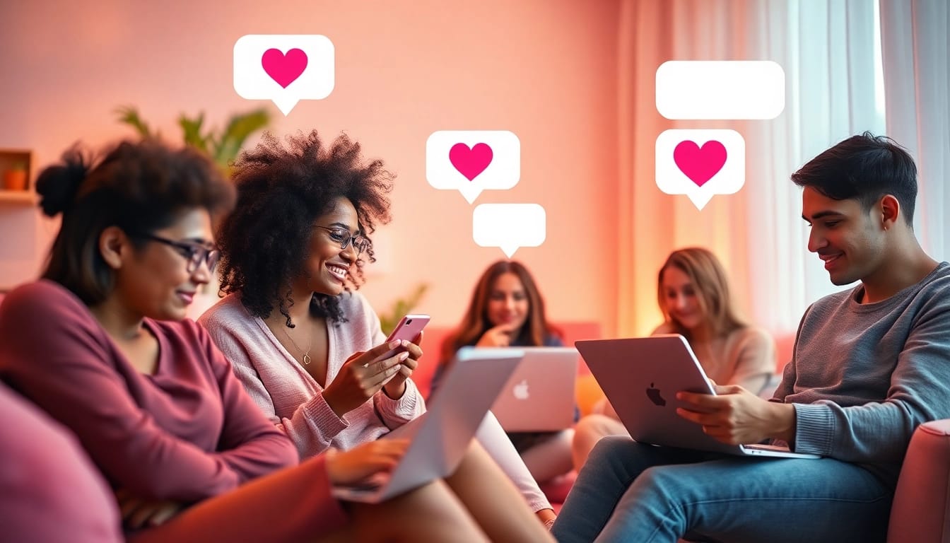 Exciting sex chat scene with diverse individuals connecting online, showcasing emotional engagement.