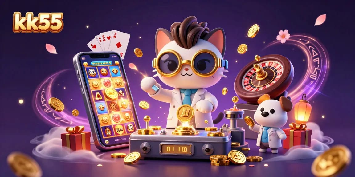 Engage with kk55's thrilling 3D casino scene featuring vibrant games and sparkling wins.