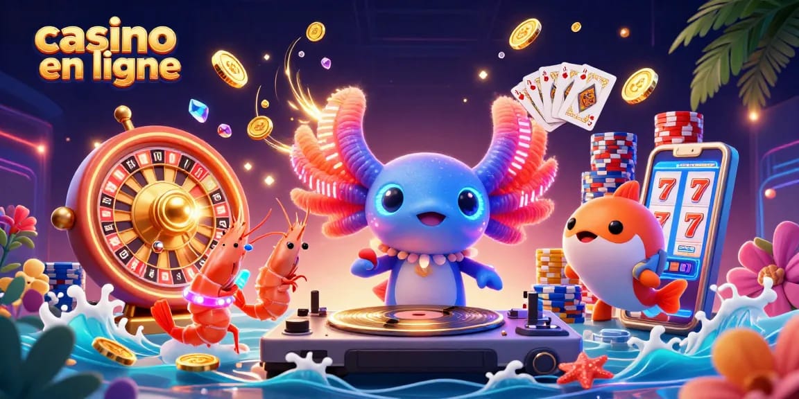 Casino en ligne dynamique avec un DJ axolotl, des jetons de poker et des pièces d'or.