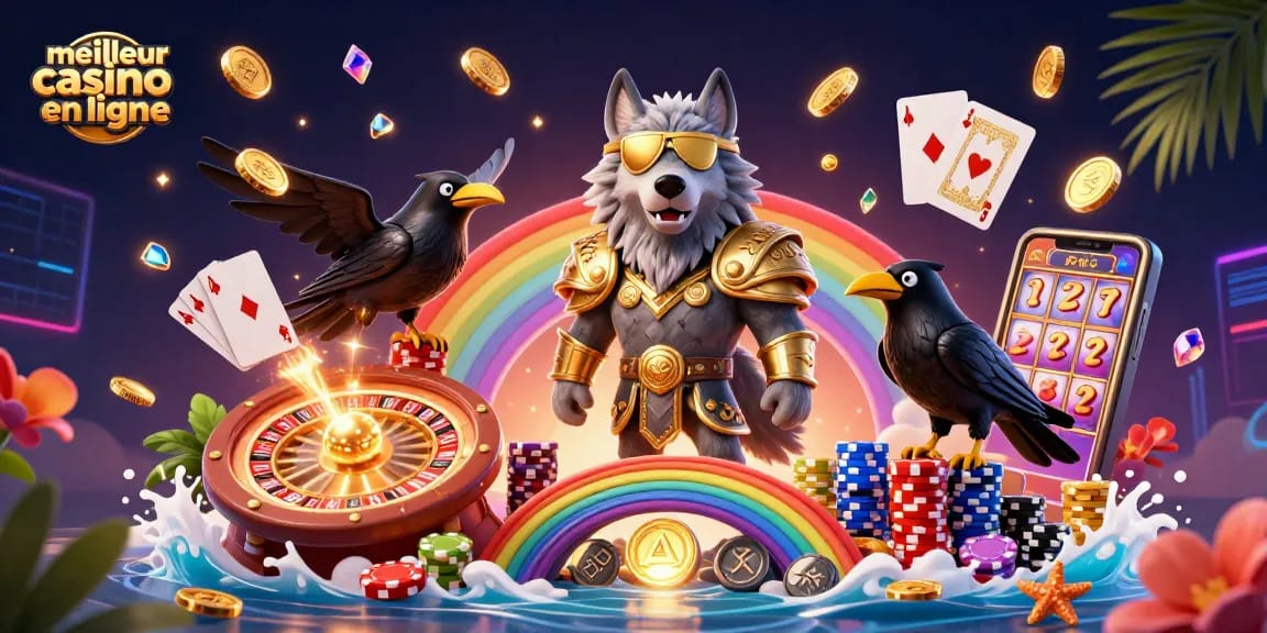 Découvrez le meilleur casino en ligne avec cette illustration intégrant des personnages et des éléments de jeu captivants.