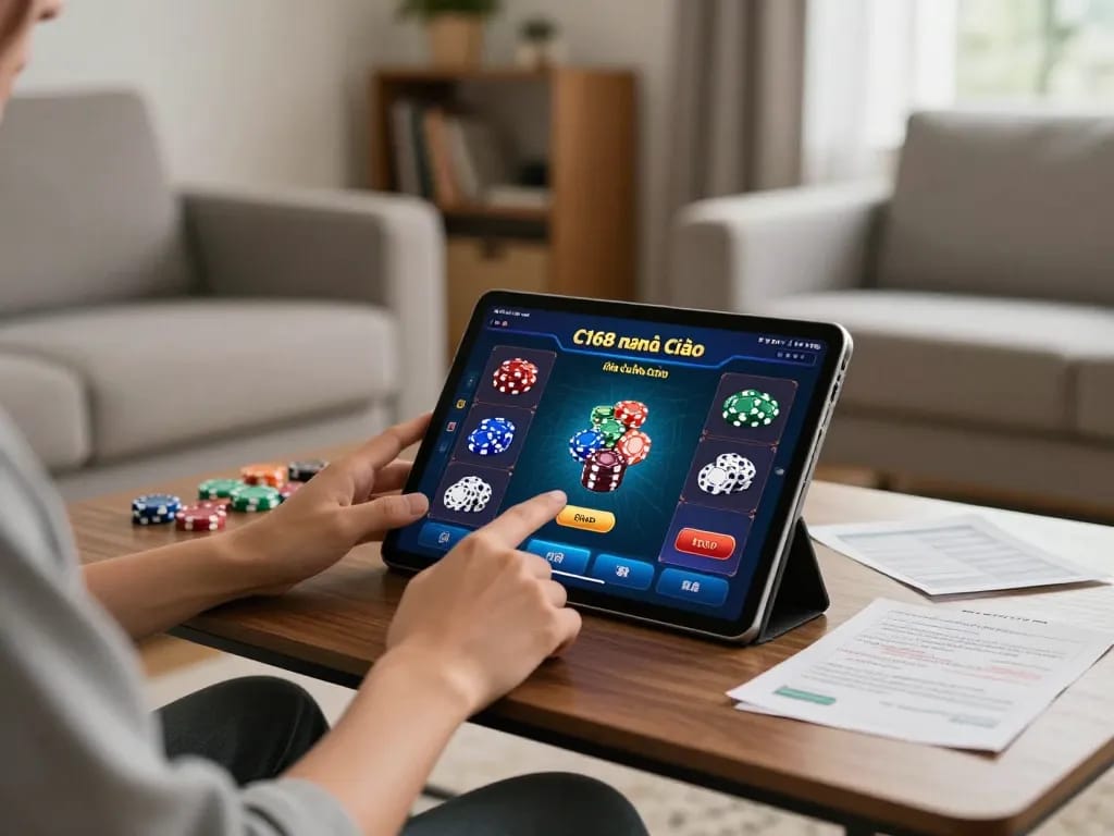 C168 nhà cái mobile gaming with a person enjoying a casino app on a tablet in a cozy home.