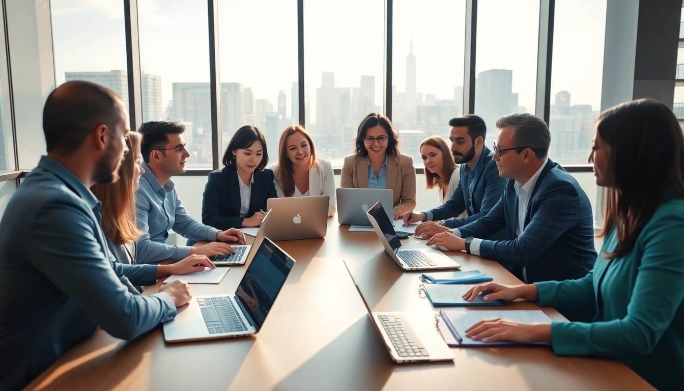 Salespeople collaborating on the best job boards for salespeople in a bright office setting.