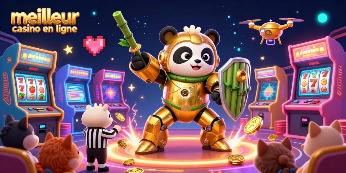 Profitez de l'expérience unique du meilleur casino en ligne avec un panda doré en armure robotique.