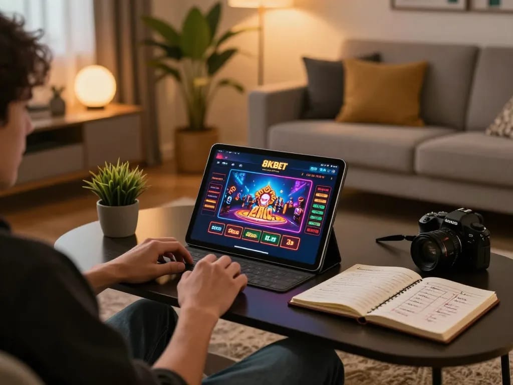 Player exploring 8kbet casino games on tablet in a cozy home setting, emphasizing responsible gambling.