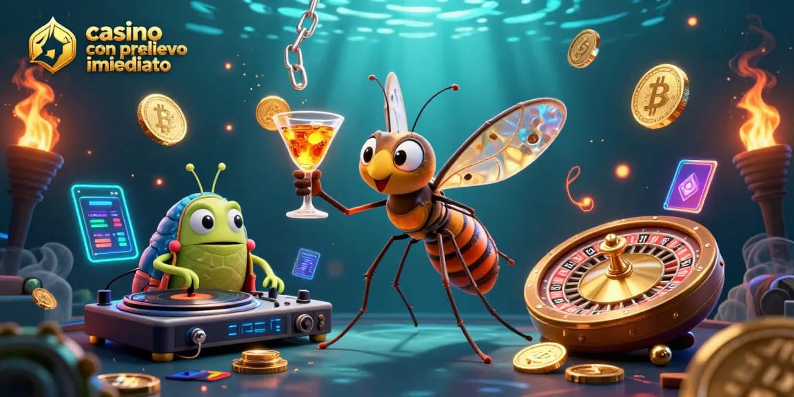 Casinò con prelievo immediato: immagine di un moscerino preistorico maschera con cocktail e un DJ trilobite