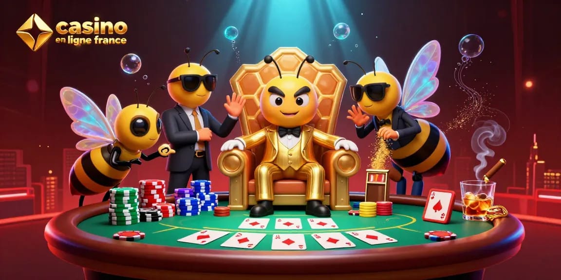Un bumblebee boss dans une illustration 3D enrichie, jouant au casino en ligne France, avec des cartes et des jetons