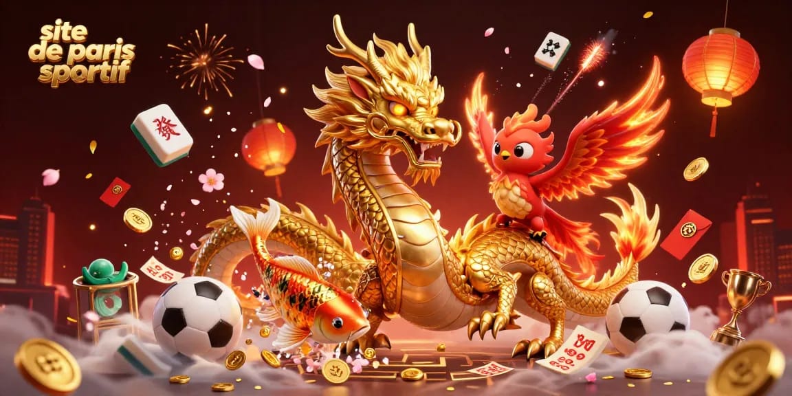 Pariez sur le site de paris sportif avec un dragon doré et une carpe chanceuse illuminée par des lanternes.