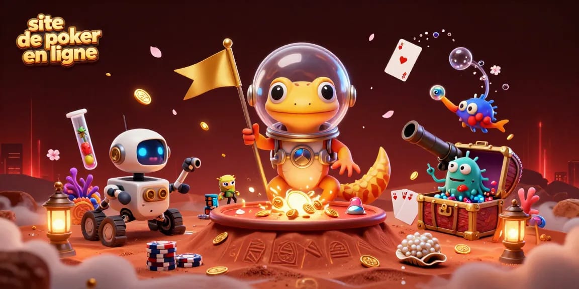 Le site de poker en ligne avec une illustration d'un gecko martien découvrant un casino doré sur Mars.