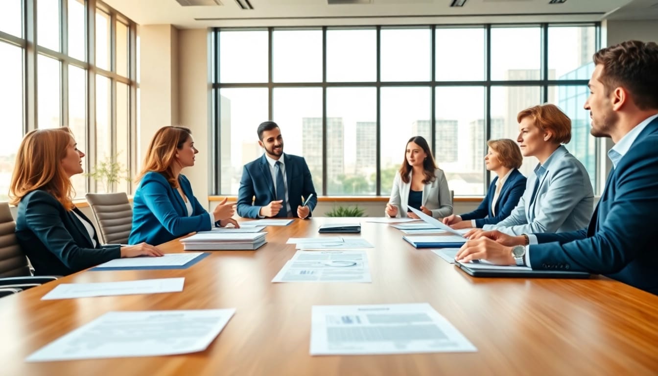 Discussing contracts and grants in a modern office with professionals collaborating.