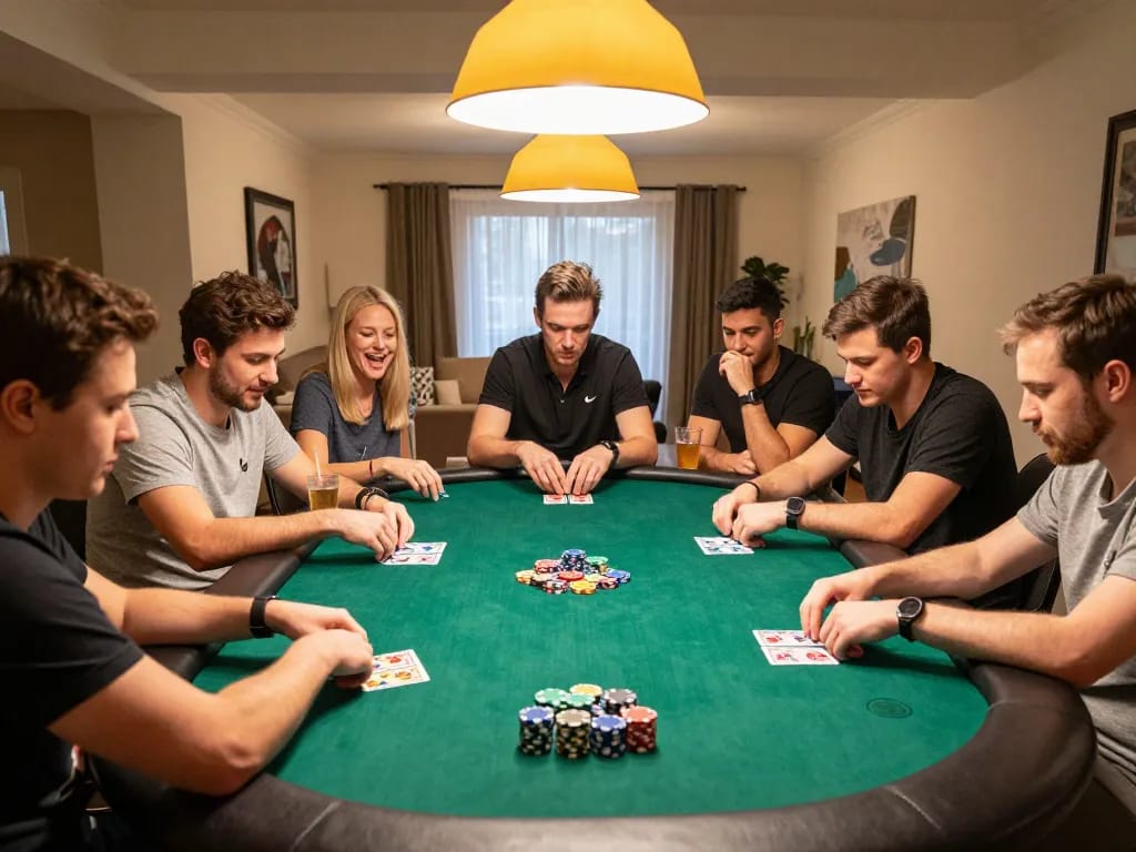Players enjoying an intense poker game at home, showcasing jmb88's social gambling atmosphere.