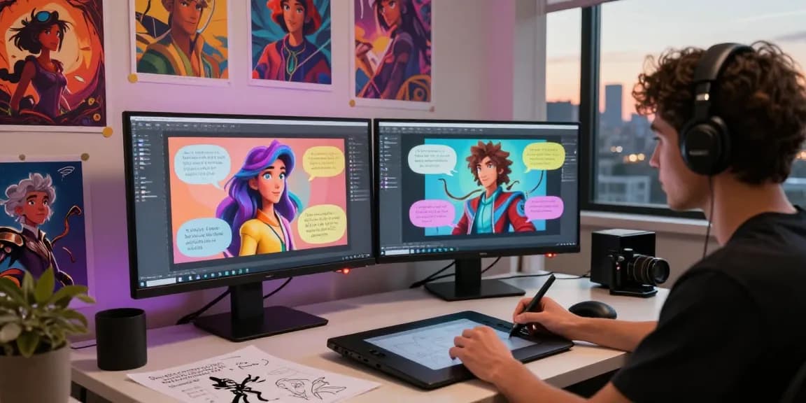 Creative workspace showcasing character AI NSFW interactions on dual screens with vibrant art styles and imaginative atmosphere.