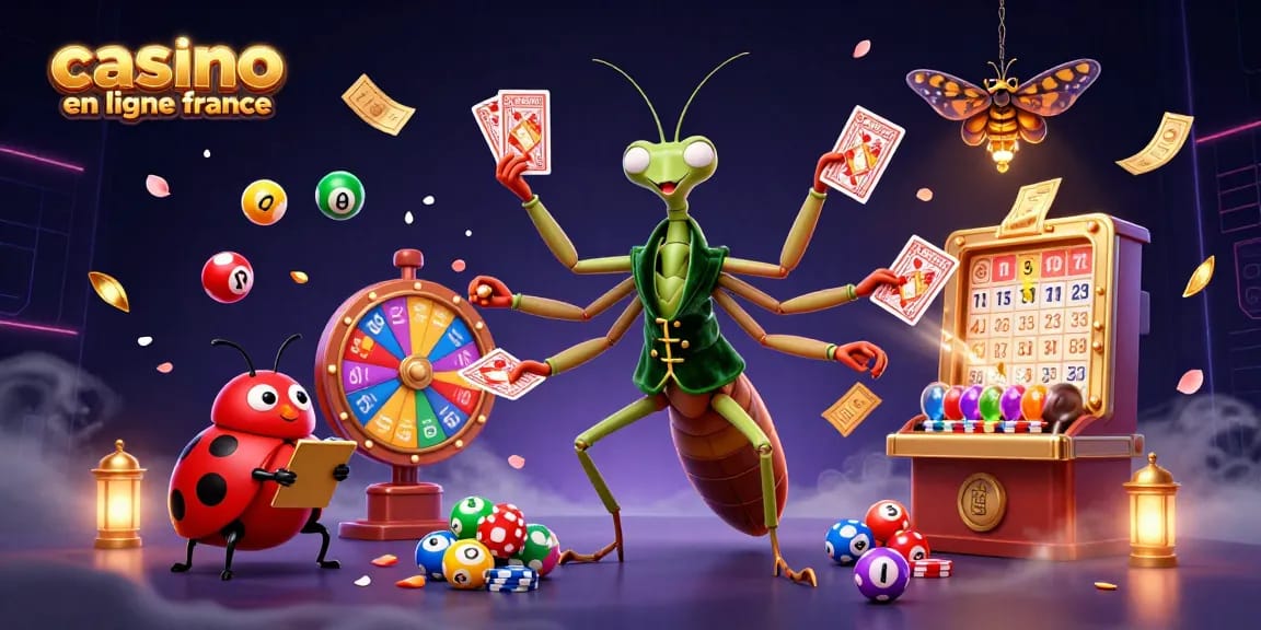 Illustrez des paris gagnants au casino en ligne France avec des personnages animés et des éléments de jeu vibrant.