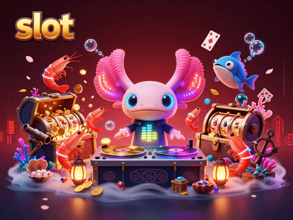 Experience vibrant slot action with an axolotl DJ and friends in this colorful underwater scene.