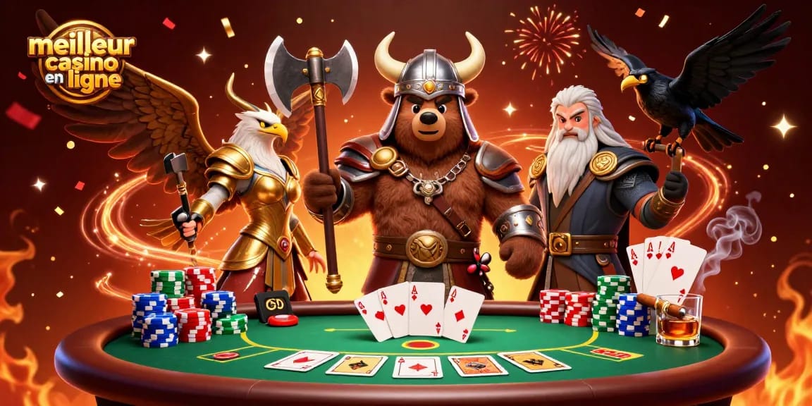 Illustration du meilleur casino en ligne avec un ours viking, une aigle valkyrie et des éléments de jeu