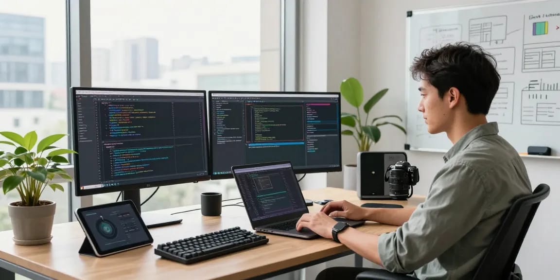Developer working in a modern office with multiple screens coding telegram官网 applications, showcasing a vibrant tech workspace.