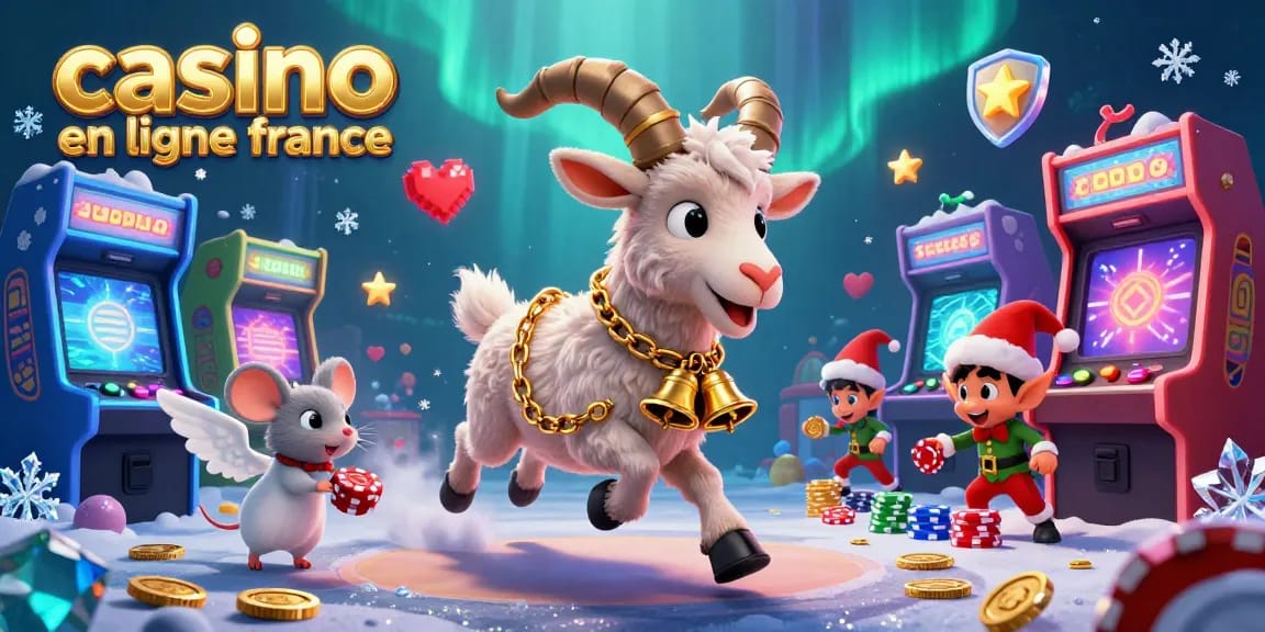 Une scène dynamique de casino en ligne France avec des personnages ludiques, des machines à arcade et des effets festifs.