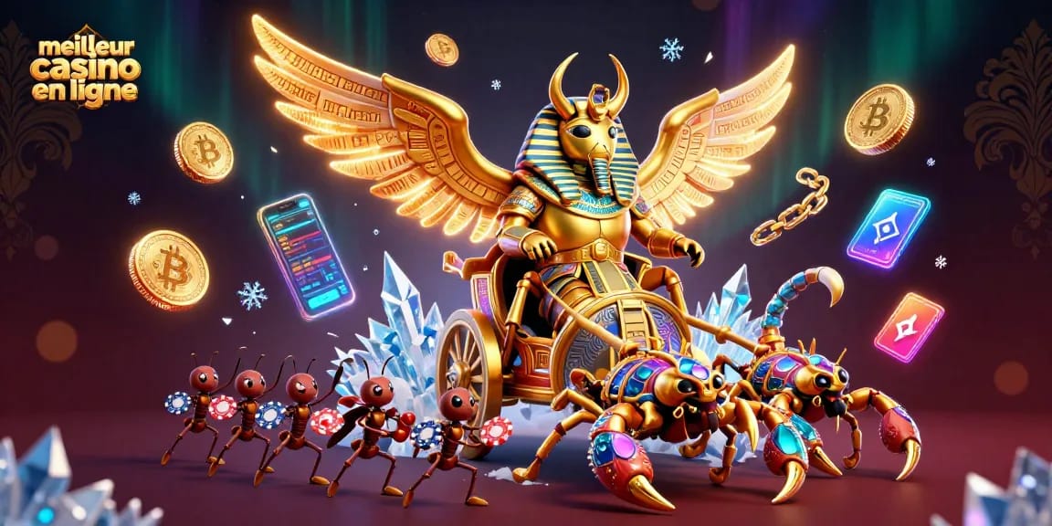 Jouez au meilleur casino en ligne avec un scarabée doré et des jetons de poker illuminés.