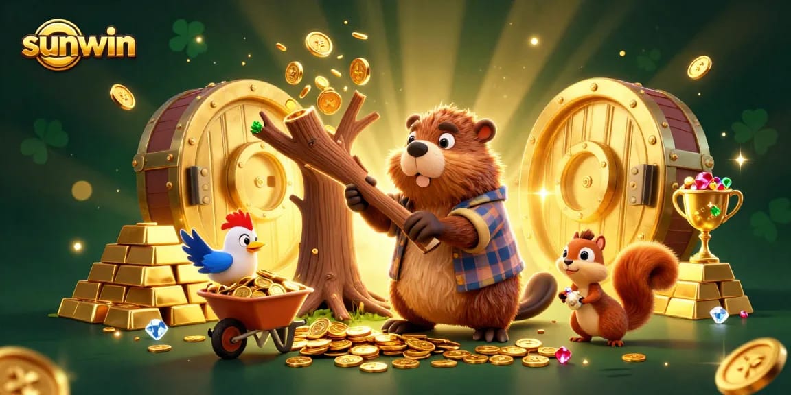 Experience sunwin's thrilling gaming with a beaver collecting golden coins and acorns in a vibrant casino scene.