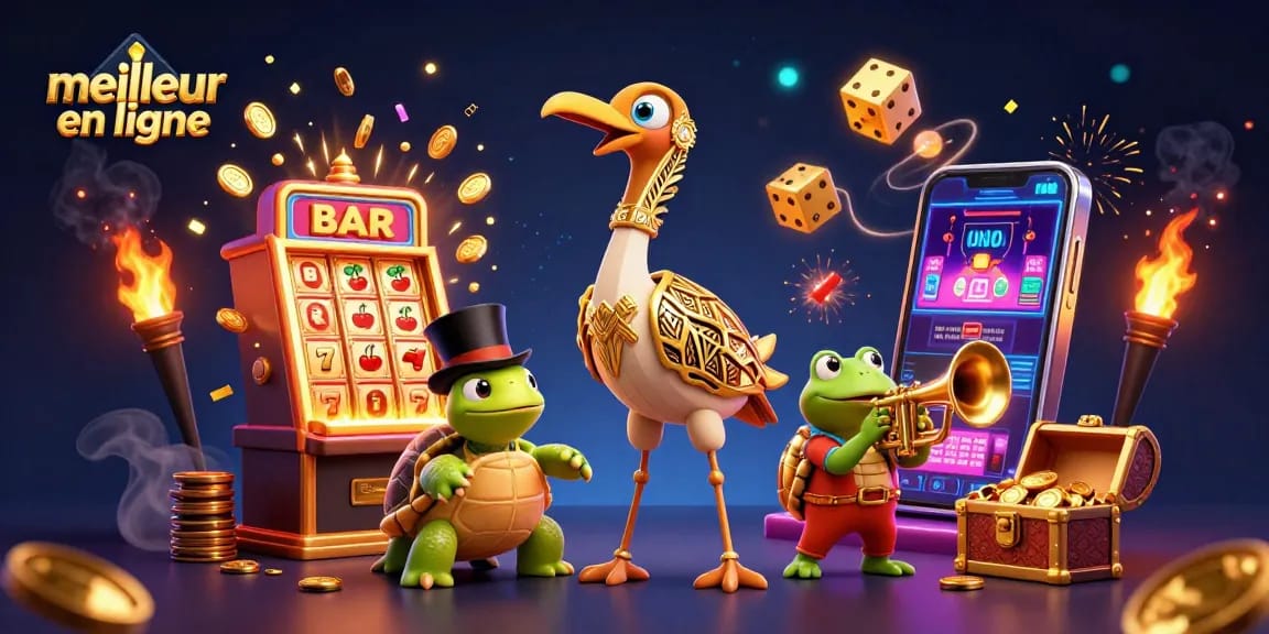 Le meilleur casino en ligne avec une machine à sous explosant de pièces et des personnages animés dans une scène festive.