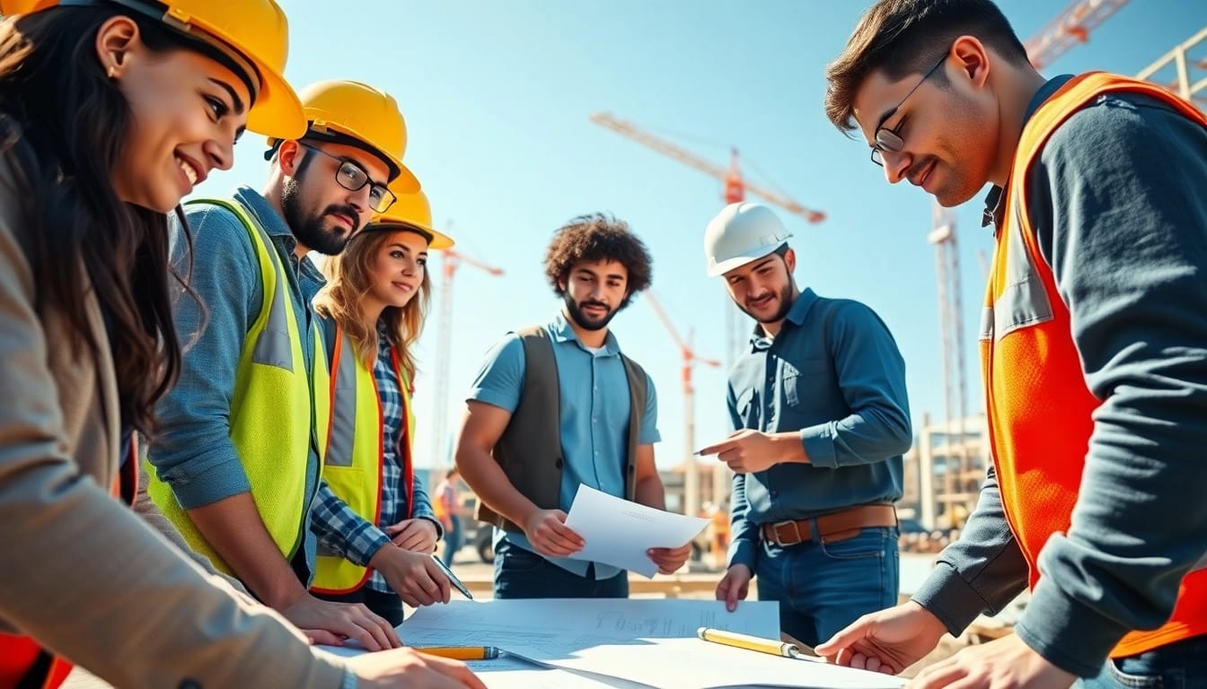 Young adults actively participating in a construction apprenticeship on a busy construction site.