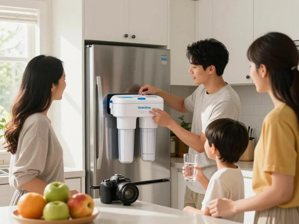 Changing the Waterdrop XWF Replacement for GE® XWF Refrigerator filter in a bright, modern kitchen, promoting healthy hydration.