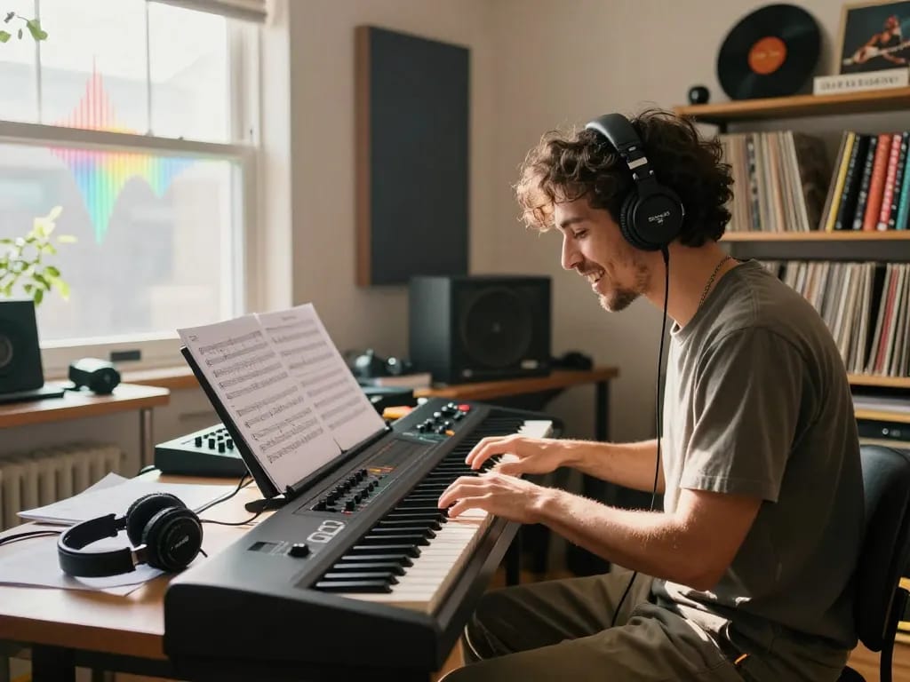 Musician engaged with the go 88 piano, creative studio filled with musical tools.