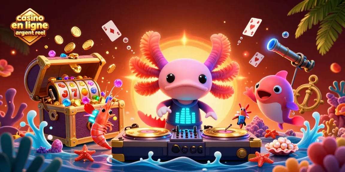 Éprouvez l'excitation des jeux avec casino en ligne argent réel et un DJ axolotl vibrant dans une scène sous-marine riche.