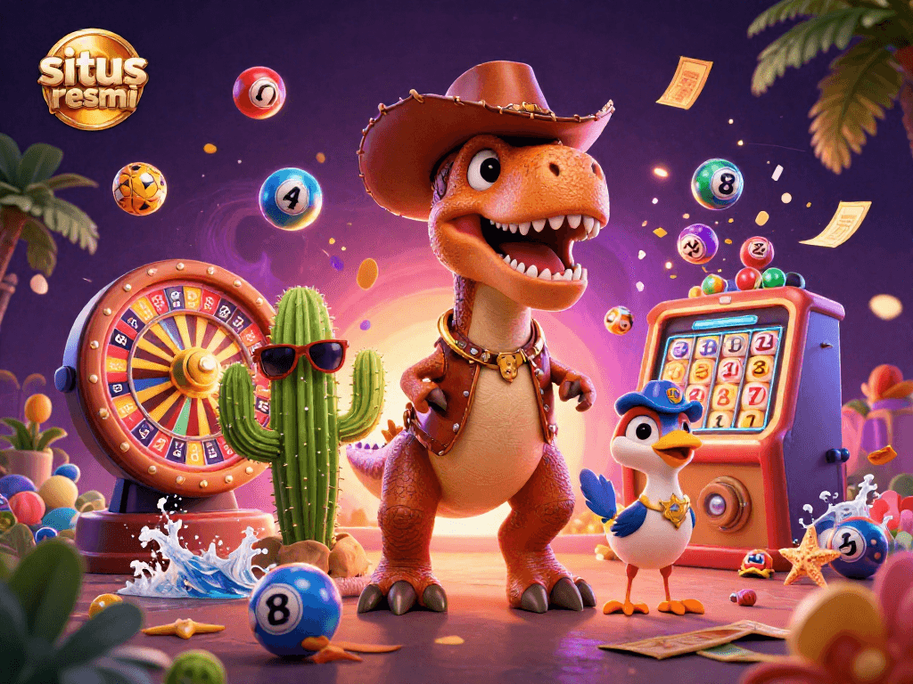 Winning games at situs resmi with a dynamic scene of a cowboy T-Rex and friends enjoying lucky lottery elements.