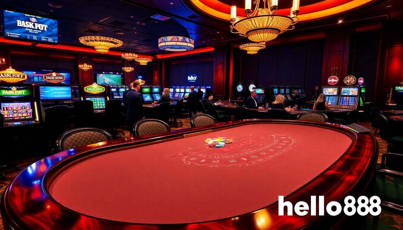 Experience the thrill of hello88 with a luxurious casino scene featuring vibrant tables and engaged players.