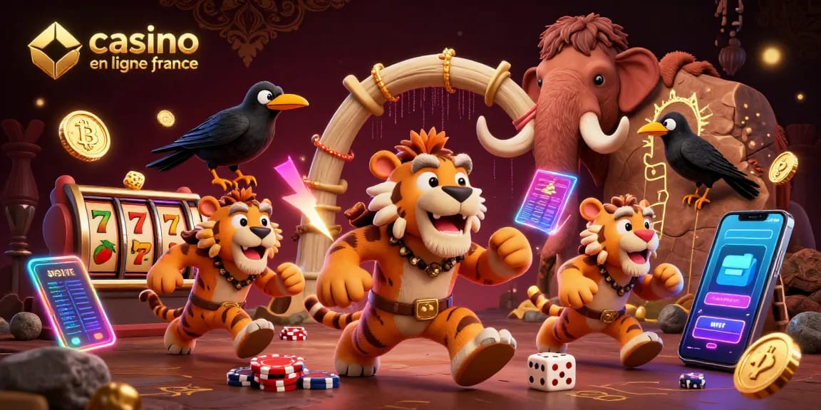 Visitez le casino en ligne en France avec des personnages préhistoriques et des éléments de jeu en crypto-monnaies.
