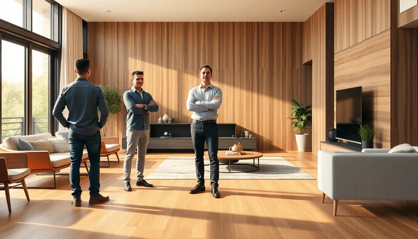 Residential architects for home renovation discussing design ideas in a beautifully staged living room.