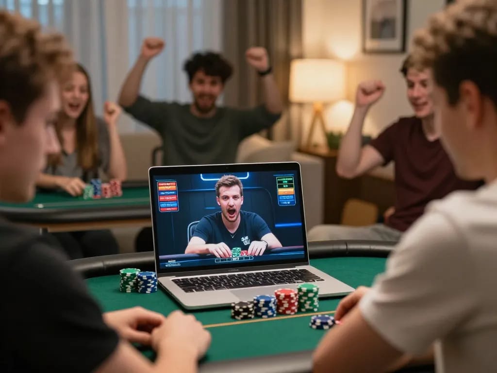 Player winning at poker while enjoying online gaming on 888top laptop, showcasing strategy and excitement