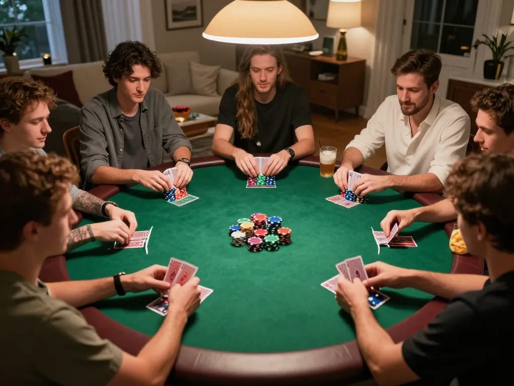 Players enjoy a thrilling poker night at home, showcasing their skills with 789winii unofficial poker deck