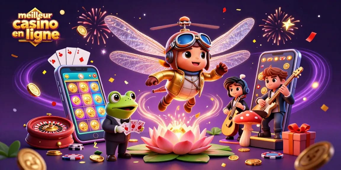 Illustration dynamique du meilleur casino en ligne avec un pilote libellule et un croupier grenouille sur une scène de casino