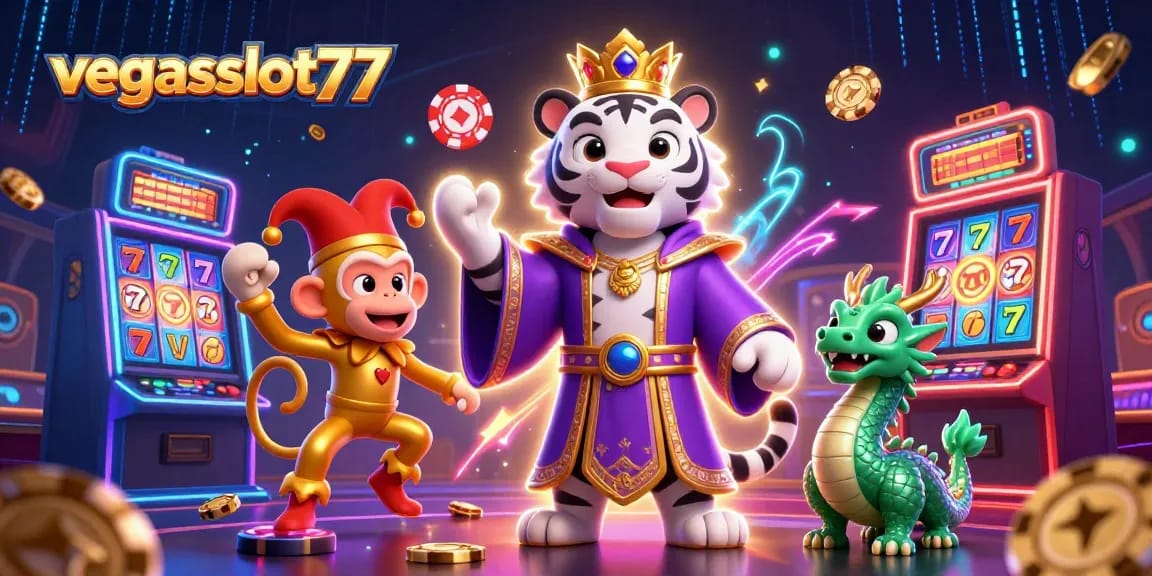 Engage with vegaslot77 and spin vibrant slot reels with a captivating white tiger, monkey, and dragon in a rich gaming scene.