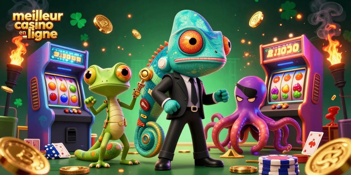 Représentation dynamique d'un caméléon agent secret et d'un gecko tech avec "meilleur casino en ligne".