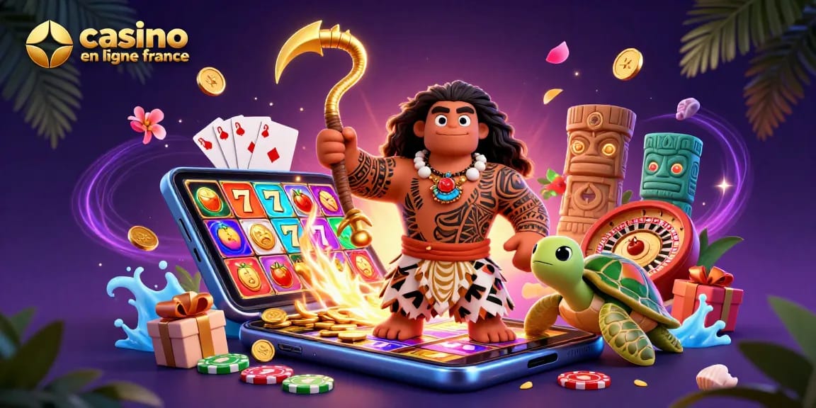 Illustration dynamique représentant un casino en ligne France avec un demi-dieu hawaïen et un t-shirt en arrière-plan.