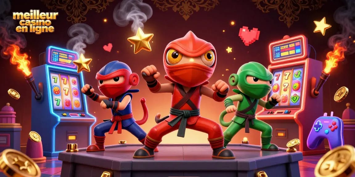 Visualisez le meilleur casino en ligne avec des caméléons ninja et des machines à sous colorées.