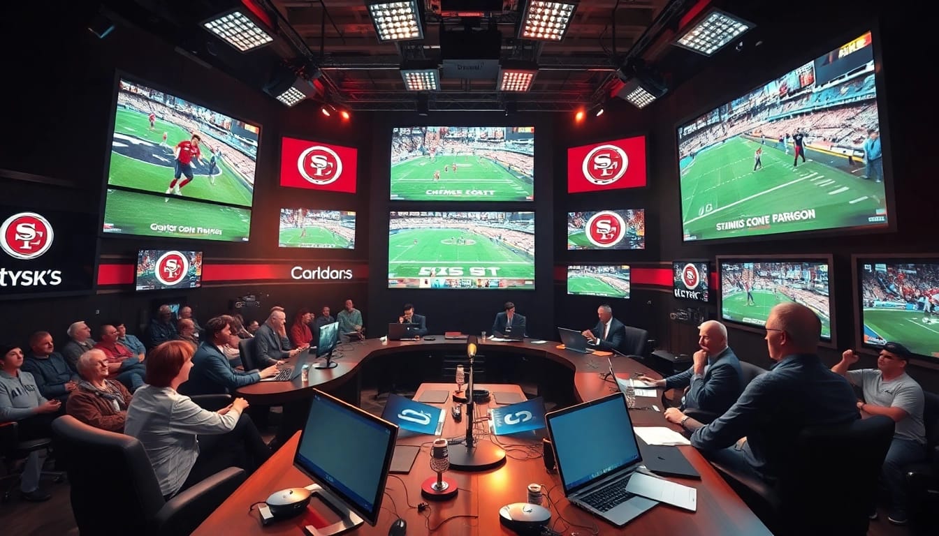 Engaging scene of sports broadcasting featuring commentators and live sports events.
